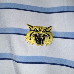 EUC RLX Ralph Lauren Performance Polo Shirt size Medium White w/ Blue Stripes